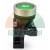 Green industrial push button with white left arrow and metal bezel on mounting bracket
