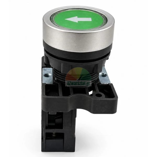 Green industrial push button with white left arrow and metal bezel on mounting bracket