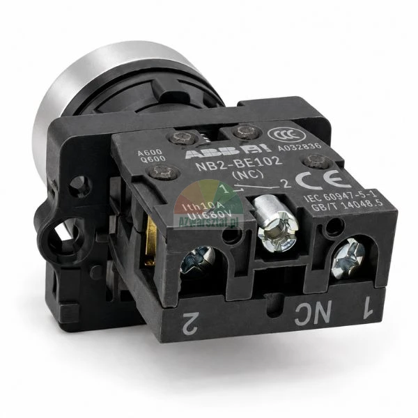 ABB industrial push button switch with NC contact block NB2-BE102 on white background.