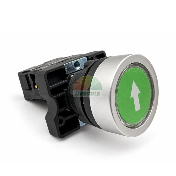 Green industrial push button switch with white up arrow and silver metal bezel
