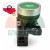 Industrial push button switch with a green button and white left arrow in a metal bezel