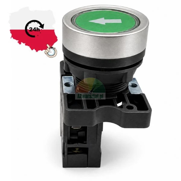 Industrial push button switch with a green button and white left arrow in a metal bezel