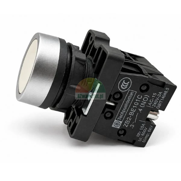 Industrial momentary push button switch in white with silver bezel and NO contact block ZB2-BE101C