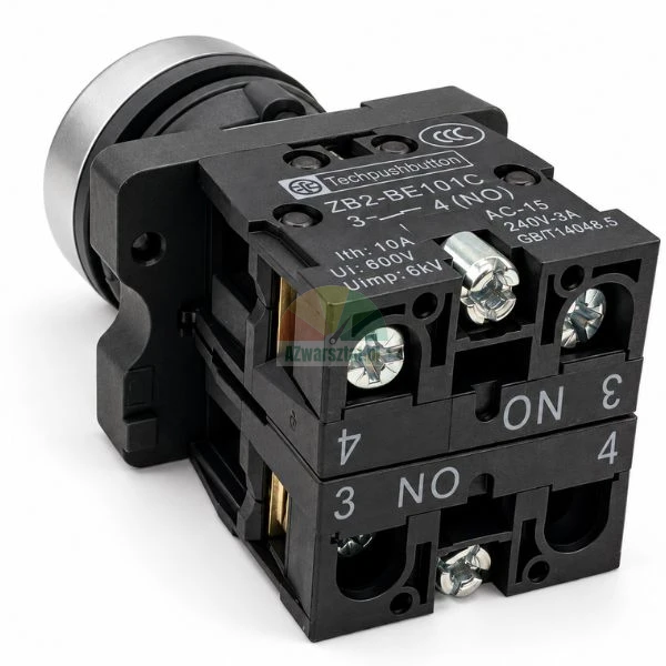 Industrial pushbutton switch with ZB2-BE101C NO contact block and screw terminals.
