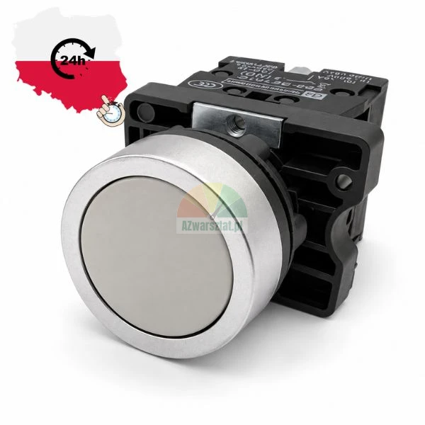 Industrial push button switch with flat grey button and metallic bezel