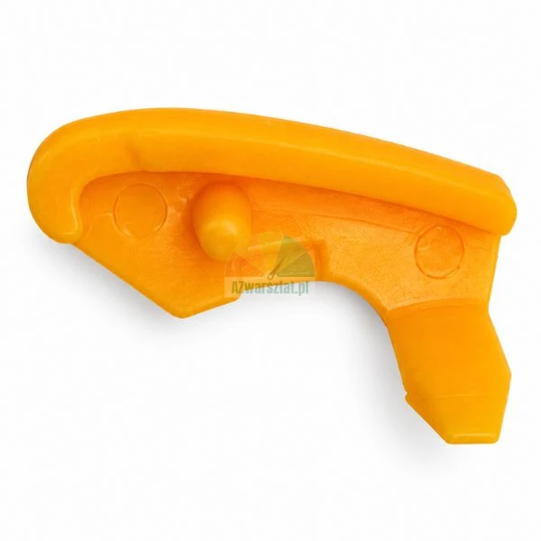 Orange plastic chainsaw chain guide slider on a white background.