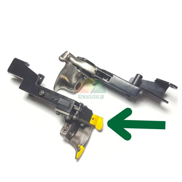 Metal mounting head mechanisms for tire changer with yellow protective covers indicated by a green arrow on a white background