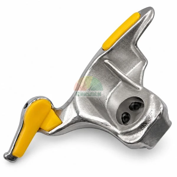 Metal tyre changer mount and demount head with yellow plastic rim protectors
