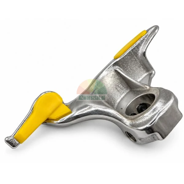 Metal tire changer mount demount head with yellow plastic protective inserts on a white background