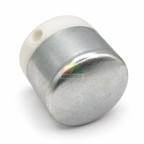 Cylindrical metal component with a white plastic base and threaded hole on a white background