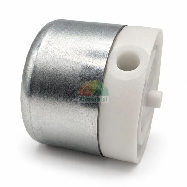 Cylindrical valve with a metal housing and a white plastic base.
