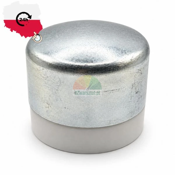 Metal and plastic trailer wheel hub dust cap on white background