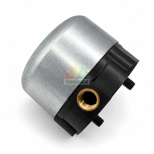 Pressure switch with metal cover and brass female thread on white background