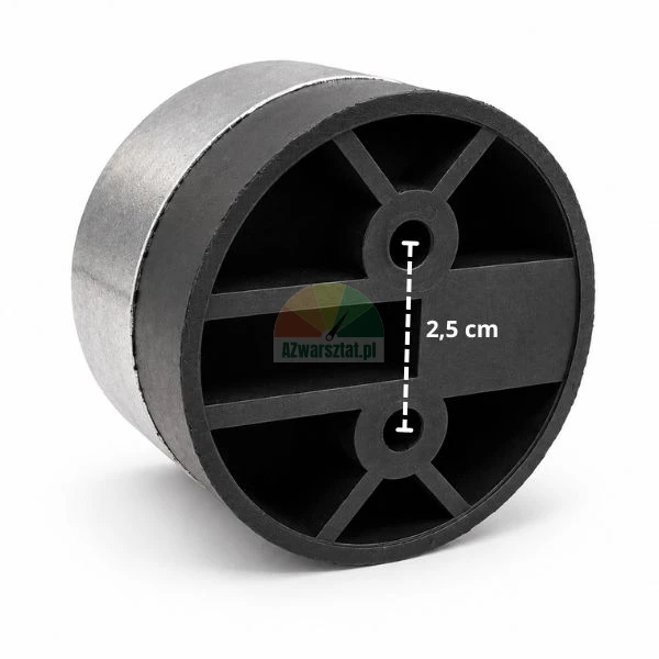 Round furniture leg foot with metal sleeve and black base, bottom view showing 2.5 cm mounting hole spacing