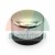 Round stainless steel door stop with black rubber base on white background
