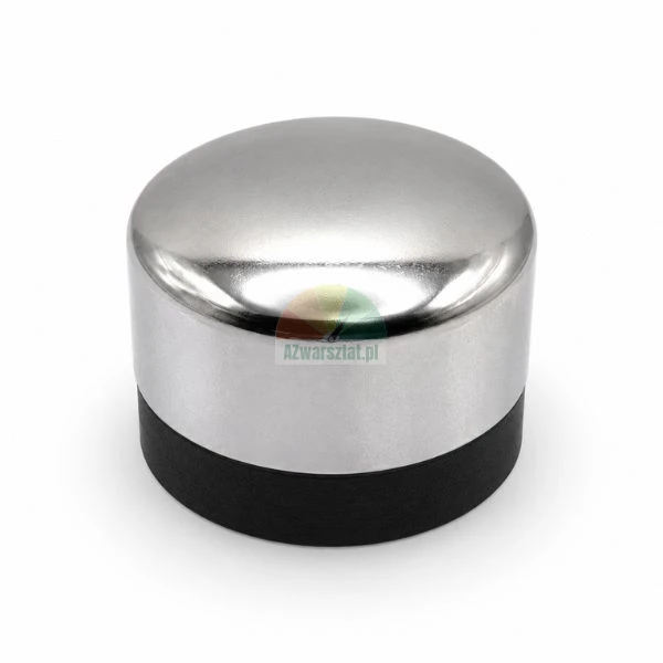 Round stainless steel door stop with black rubber base on white background