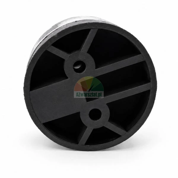 Round black rubber buffer with profiled base and mounting holes on a white background