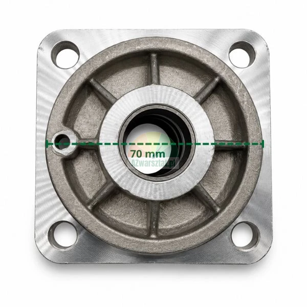 Metal mounting flange with 70 mm dimension marking and four bolt holes on white background