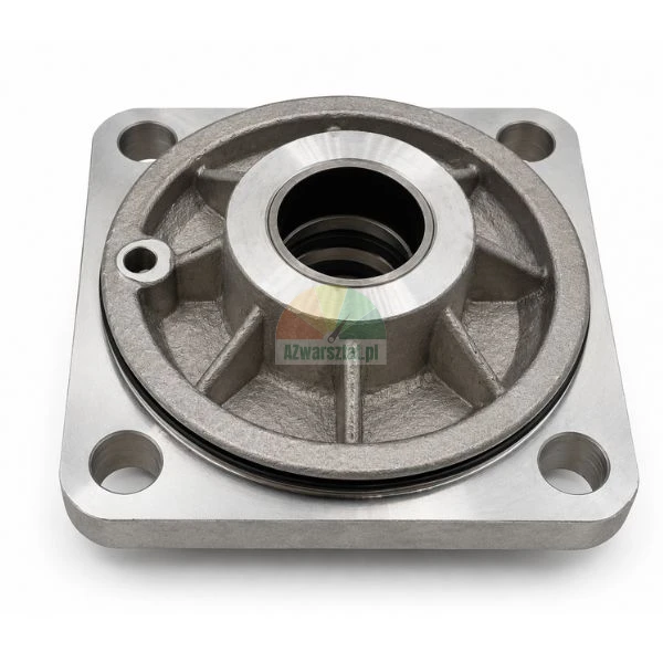 Metal hydraulic cylinder rod guide flange with rubber seal and mounting holes on white background