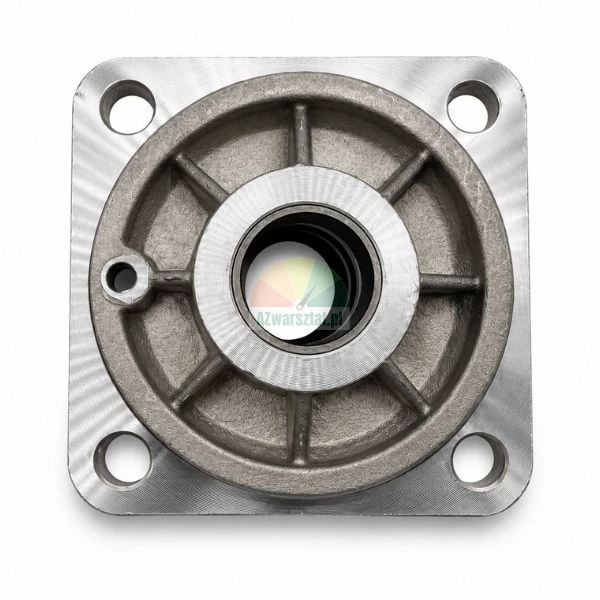 Metal square bearing flange housing with mounting holes and reinforcement ribs on a white background.