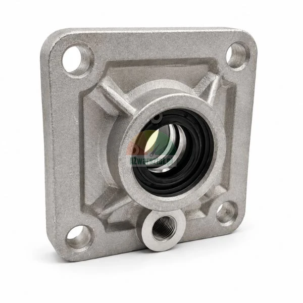 Square metal flange bearing housing with seal and mounting holes on a white background