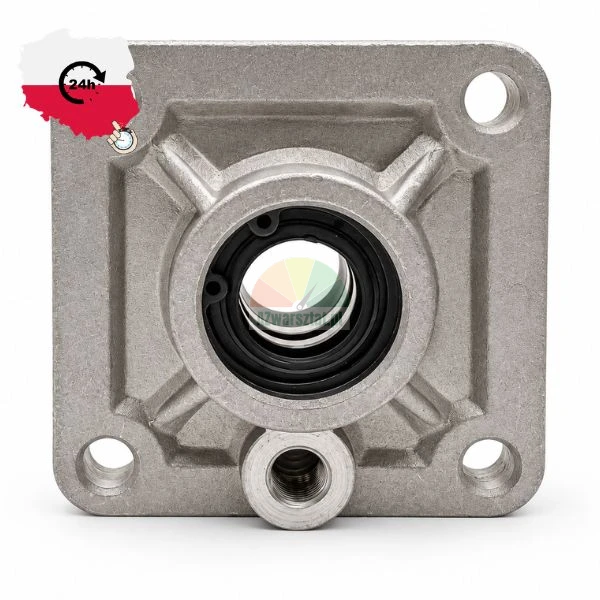 Square cast aluminum mounting flange with inner seal and threaded port on white background
