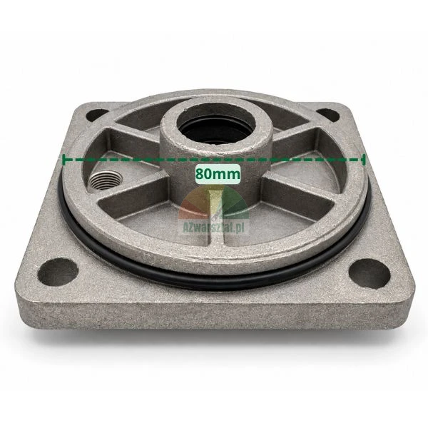 Metal cylinder end cap with rubber O-ring seal and indicated 80 mm diameter