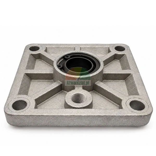 Square metal end cap for a pneumatic cylinder with seal and threaded port on a white background.