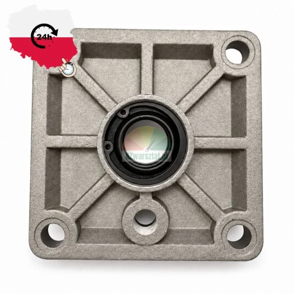 Square metal gearbox mounting flange with integrated bearing seal and reinforcement ribs
