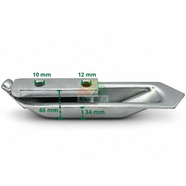 Metal run-in socket for a sliding gate with marked technical dimensions 10 mm, 12 mm, 46 mm, and 34 mm on a white background.