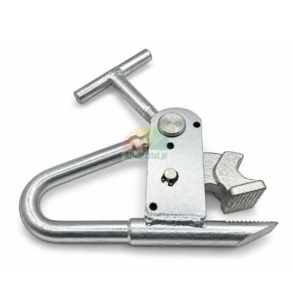 Heavy-duty galvanized steel beam clamp with T-handle screw mechanism on a white background
