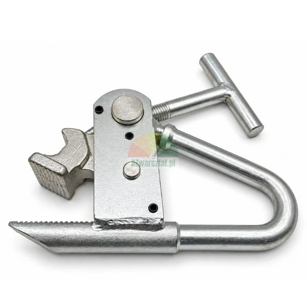 Heavy-duty metal cable pulling clamp wire grip with T-handle screw on a white background