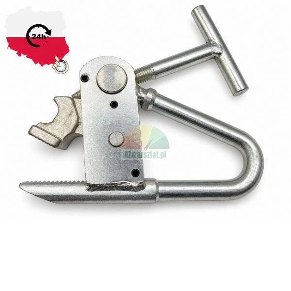Heavy duty metal tire bead clamp tool with T-handle screw mechanism on white background