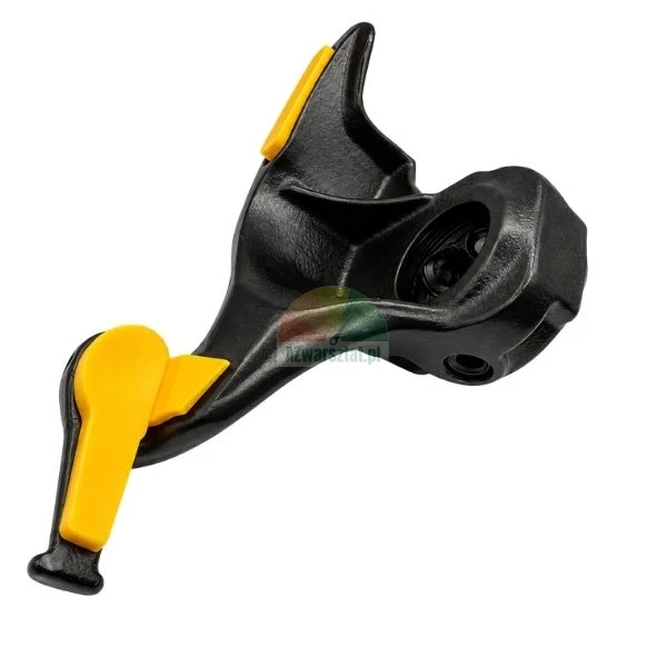 Black metal tire changer mount demount duck head with yellow plastic protective inserts.