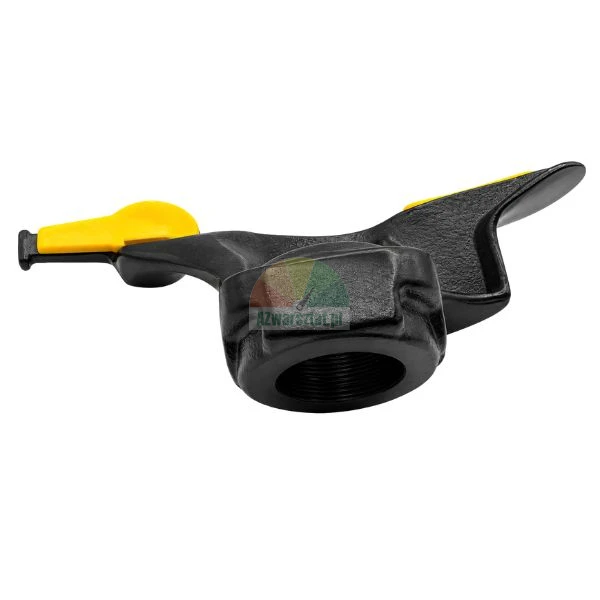 Black tire changer mount demount duck head tool with yellow plastic protective inserts.