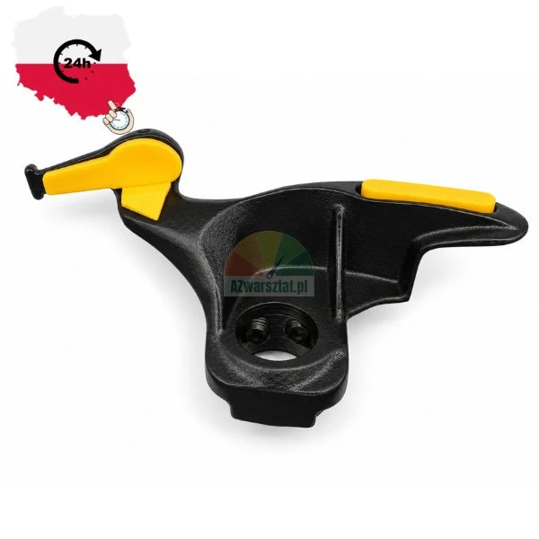 Black steel duck head tyre changer mount demount tool with yellow plastic rim protectors on white background