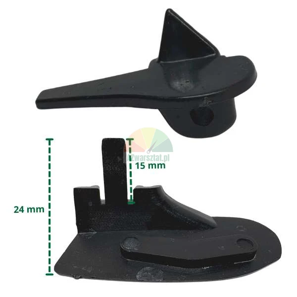 Black plastic mounting component with dimensions 24 mm and 15 mm, shown from two angles.