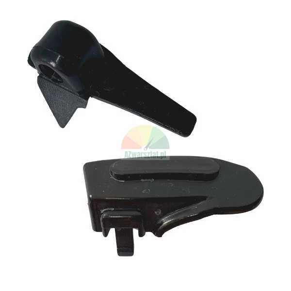 Two small black plastic latch or lever components on a white background
