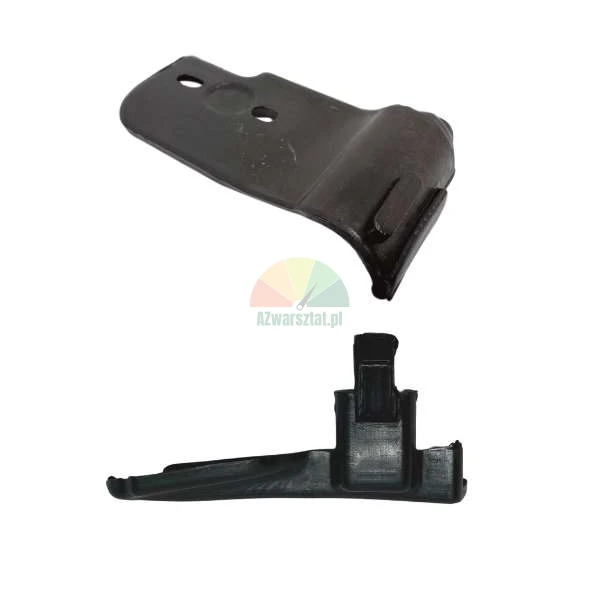 Black metal mounting bracket or roof rack clamp, top and side view on a white background.