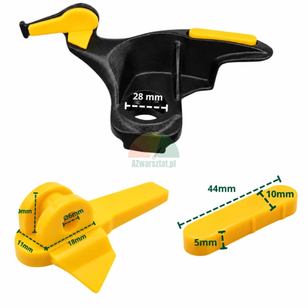 Black 28 mm tire changer mount demount head with yellow protective inserts and dimensions