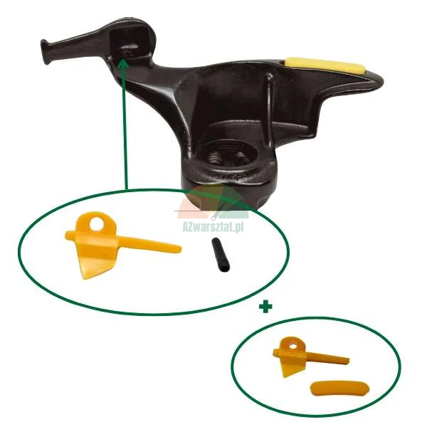 Steel tire changer mount demount head with yellow plastic rim protector inserts and mounting pin