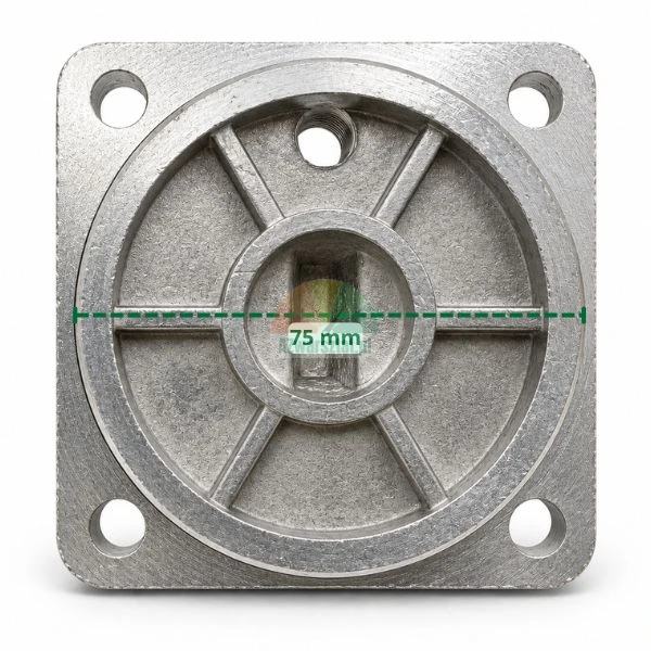 Square metal flange plate with a circular center measuring 75 mm and four mounting holes on a white background.