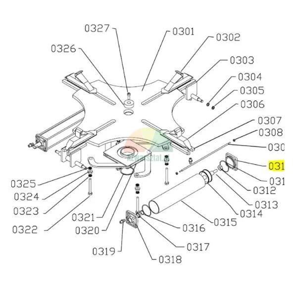 Exploded technical diagram of tire changer turntable assembly highlighting part 031 cylinder end cover