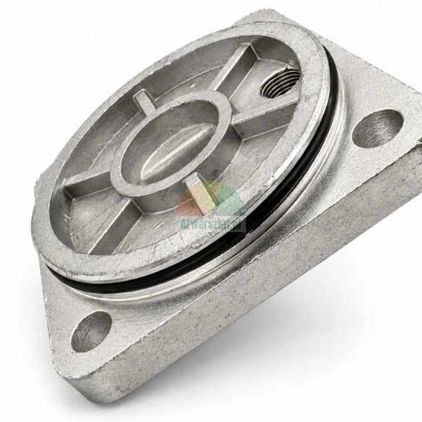 Aluminum cover flange with black O-ring seal and mounting holes on a white background