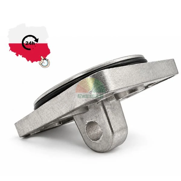 Aluminum cylinder mounting flange with swivel eye and rubber o-ring seal on white background