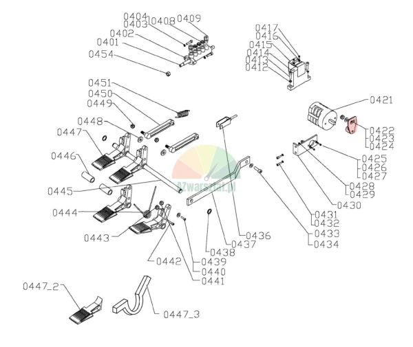 Exploded view diagram of a tire changer pedal assembly with the switch cam lever highlighted in red (parts 0422, 0423, 0424).