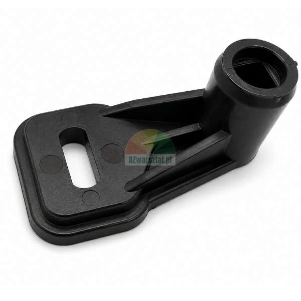 Black plastic mounting bracket with cylindrical sleeve and oblong screw hole on white background.