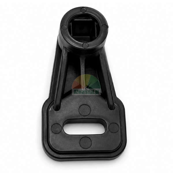 Black plastic mounting adapter bracket with an elongated slot and round bushing on a white background.