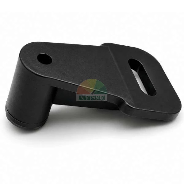 Black plastic mounting bracket with a hole and adjustment slot on a white background