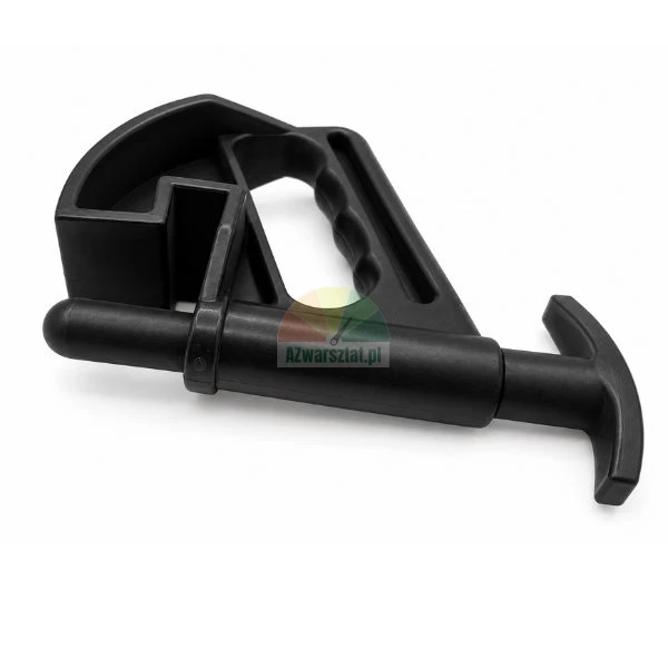 Black plastic tire changer bead clamp drop center tool on white background.